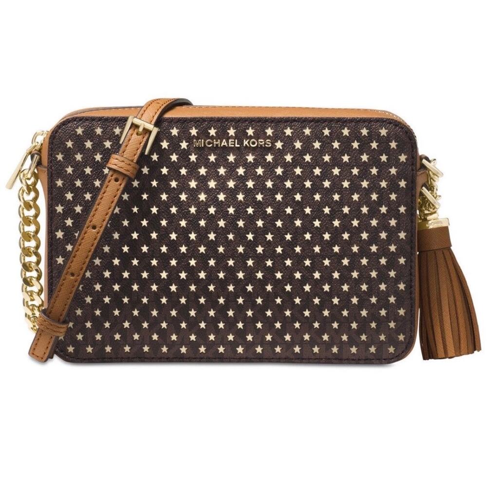 Michael Kors Ginny Medium Camera Star Bag Brown Gold  Crossbody